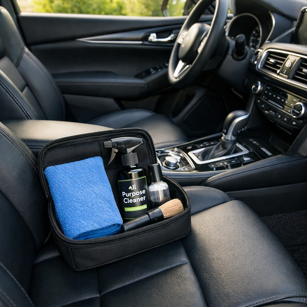 Clean car interior with some cleaning suppliers